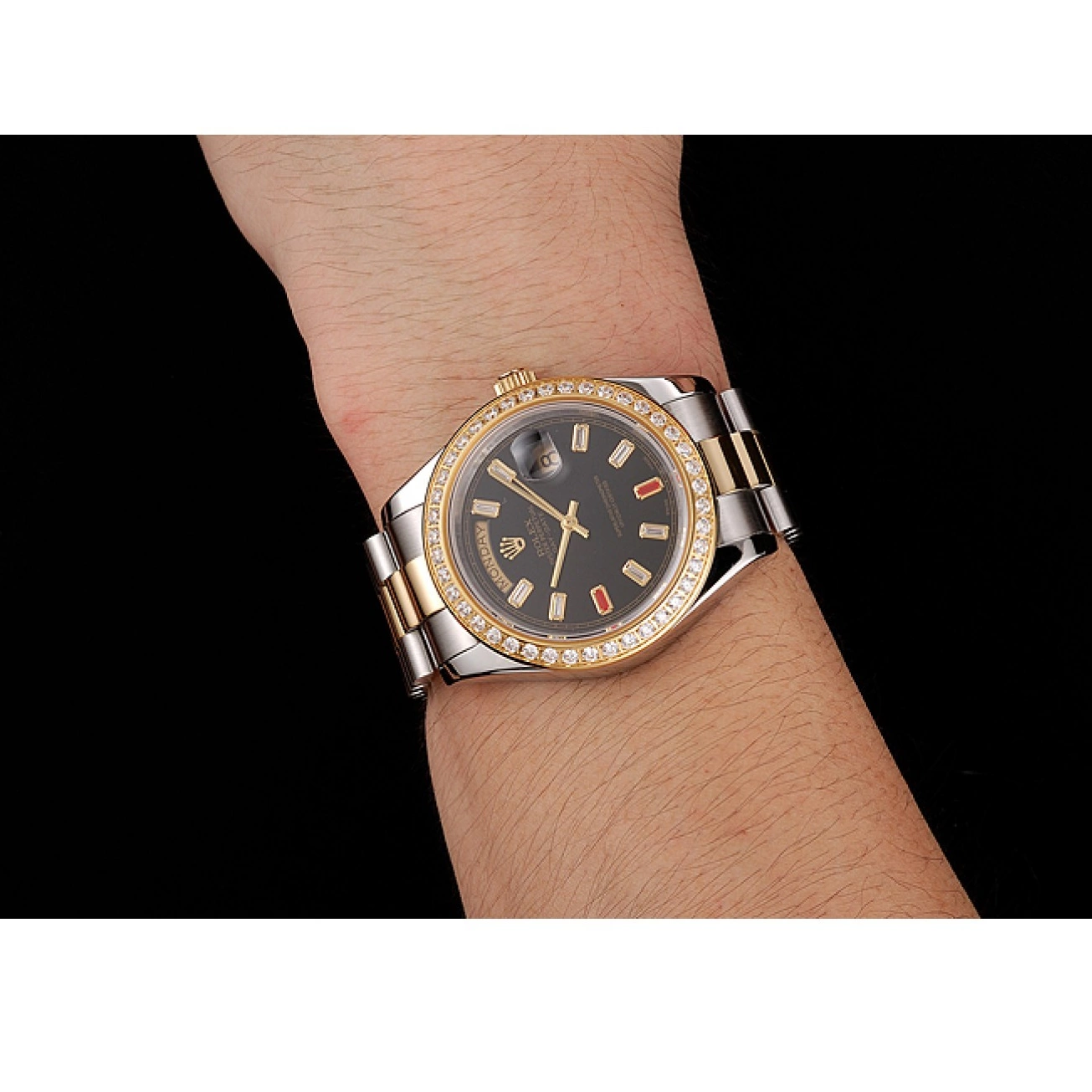 Aaa replica watch Day-Date And Bracelet Rubies Tone Diamonds 1454105 Dial Two Rolex Black Swiss 0824